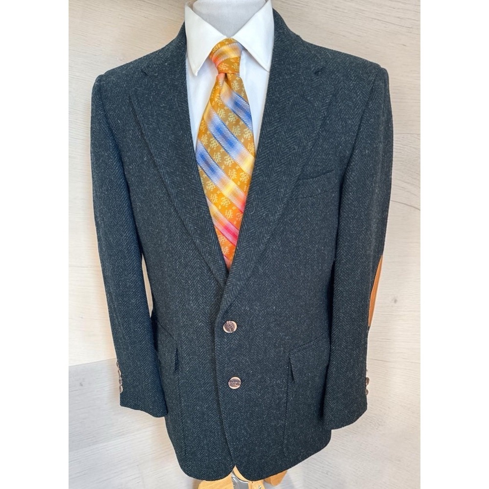 Vintage Palm Beach Green Herringbone Sport Coat Tweed Wool Elbow Patch Sz 40R